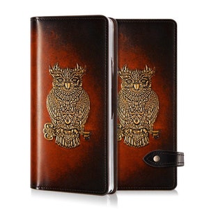 Motimo Golden Owl Embossed Leather Case for Galaxy Z Fold 2, Z Fold 3, Z Fold 4, Z Fold 5, Z Fold 6 - Button Closure
