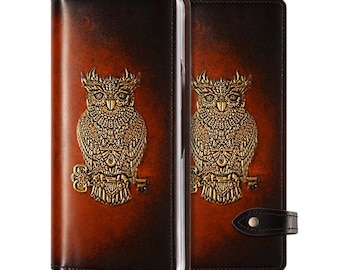 Motimo Golden Owl Embossed Leather Case for Galaxy Z Fold 2, Z Fold 3, Z Fold 4, Z Fold 5 - Button Closure