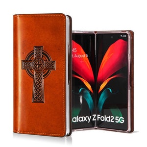 Motimo Celtic Cross Leather Case for Galaxy Z Fold 3, Z Fold 4, Z Fold 5, Z Fold 6, Z Fold 7 - W/O Button Closure