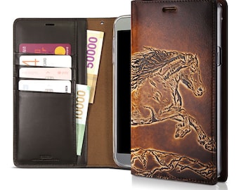 Motimo Wild Horse Embossed Leather Wallet Case for iPhone 13/14/15 Series, Note 20/20 Ultra, Galaxy S22/S23/S24 Series - W/O Button Closure