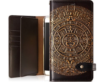 Motimo Bi-Fold Mayan Aztec Calendar Bronze Leather Case for iPhone 11/12/13/14/15 Series, Note 20/20 Ultra, Galaxy S22/S23/S24 Series