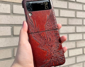 Phoenix Embossed Genuine Leather Cover Case for Galaxy Z Flip 3