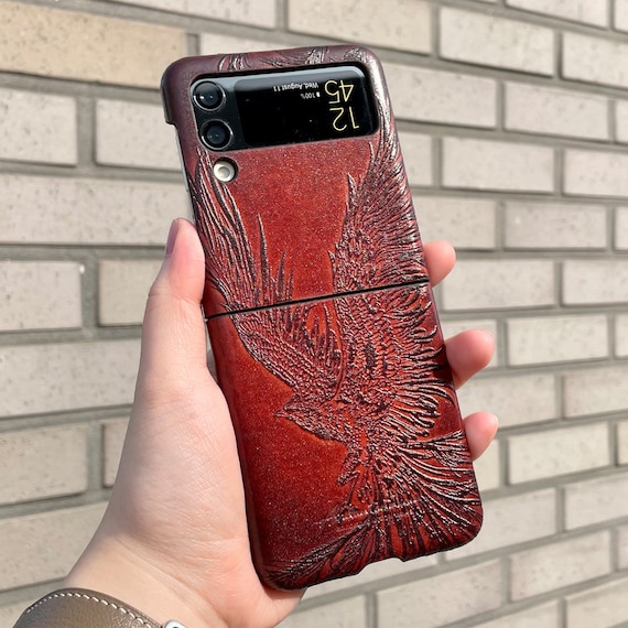 ★DESIGN SKIN★ Galaxy Z Flip 3 Phoenix Pro Premium Leather Phoenix Embossed Genuine Leather Cover Case for Galaxy Z
