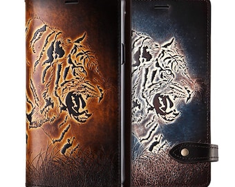 Motimo Tiger Embossed Leather Case for iPhone 11/12/13/14/15 Series, Note 20/20 Ultra, Galaxy S20/S21/S22/S23/S24 Series - Button Closure