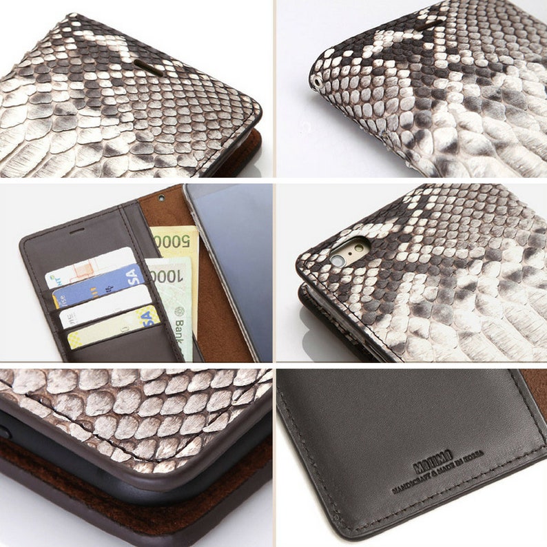May include: A brown leather phone case with a snakeskin pattern. The case has a flap that folds over the phone and a slot for credit cards. The case is handmade in Korea.