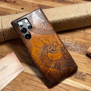 Dragon Embossed Leather Cover Case for iPhone 11/12/13/14/15/16 Series, Galaxy S22/S23/S24/S25 Series