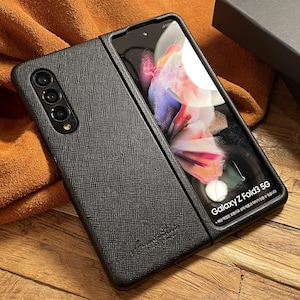 Premium Saffiano Leather Cover Case for Galaxy Z Fold 3, Z Fold 4, Z Fold 5, Z Fold 6 - 5 Colors, Orange, Camel, Gray, Navy and Black