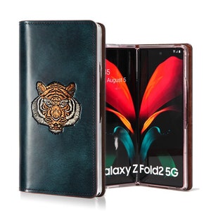 Motimo Tiger Face Embossed Leather Case for Galaxy Z Fold 2, Z Fold 3, Z Fold 4, Z Fold 5 W/O Button Closure image 1