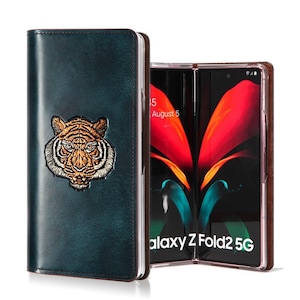 Motimo Tiger Face Embossed Leather Case for Galaxy Z Fold 2, Z Fold 3, Z Fold 4, Z Fold 5, Z Fold 6, Z Fold 7 - W/O Button Closure
