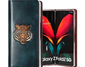Motimo Tiger Face Embossed Leather Case for Galaxy Z Fold 2, Z Fold 3, Z Fold 4, Z Fold 5 - W/O Button Closure