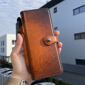 Hand-Dyed Leather Wallet Case for Samsung Galaxy Z Fold 5, S Pen Holder, Magnetic Closure, Free Initials/Names Engraving