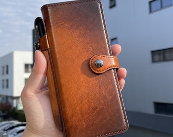 Hand-Dyed Leather Wallet Case for Samsung Galaxy Z Fold 5, S Pen Holder, Magnetic Closure, Free Initials/Names Engraving