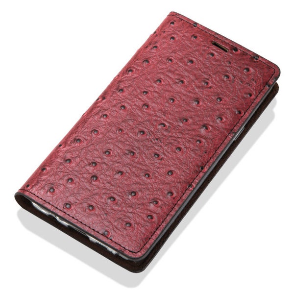 Motimo Ostrich Pattern Leather Wallet Case for iPhone 12/13/14/15/16/17 Series, Galaxy S23/S24/S25/S26 Series - W/O Button Closure