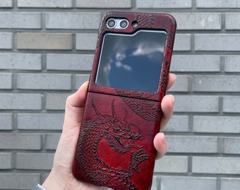 Dragon Embossed Genuine Leather Cover Case for Galaxy Z Flip 5