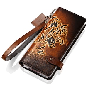 Motimo Tiger Embossed Leather Case for Galaxy Z Fold 3, Z Fold 4, Z Fold 5, Z Fold 6, Z Fold 7 - Button Closure