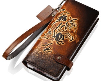 Motimo Tiger Embossed Leather Case for Galaxy Z Fold 2, Z Fold 3, Z Fold 4, Z Fold 5 - Button Closure