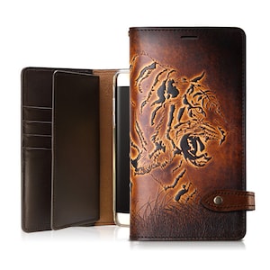 Motimo Bi-Fold Tiger Embossed Leather Wallet Case for iPhone 11/12/13/14/15/16 Series, Galaxy S23/S24/S25 Series, Galaxy S25 Edge