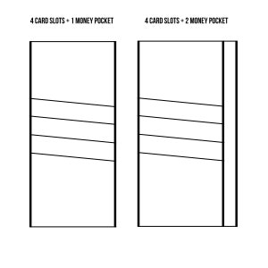 May include: A black and white line drawing of two wallet designs. The first design has four card slots and one money pocket. The second design has four card slots and two money pockets.