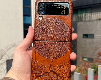 Aztec Sun Stone Embossed Leather Cover Case for Galaxy Z Flip 2. Z Flip 3, Z Flip 4, Z Flip 5