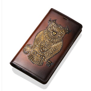 Motimo Golden Owl Embossed Leather Case for iPhone 11/12/13/14/15 Series, Note 20/20 Ultra, Galaxy S22/S23/S24 Series W/O Button Closure image 1