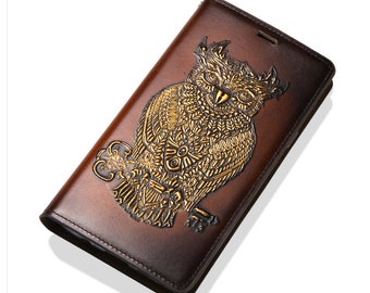 Motimo Golden Owl Embossed Leather Case for iPhone 11/12/13/14/15 Series, Note 20/20 Ultra, Galaxy S22/S23/S24 Series - W/O Button Closure