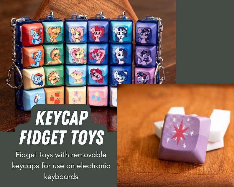 May include: A set of colorful keycap fidget toys featuring My Little Pony characters. The keycaps are removable and can be used on electronic keyboards. Keycap Fidget Toys.