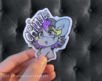 May include: A sticker featuring a cartoon character with purple and yellow hair, a gray body, and a surprised expression. The sticker has the word "Cringe!" written on it in a purple and white font.