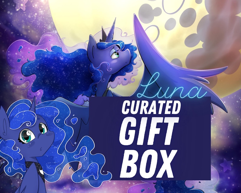 May include: A purple and blue illustration of Luna, a pony from the My Little Pony franchise, with a starry mane and tail. The text "Luna Curated Gift Box" is in white on a purple background.
