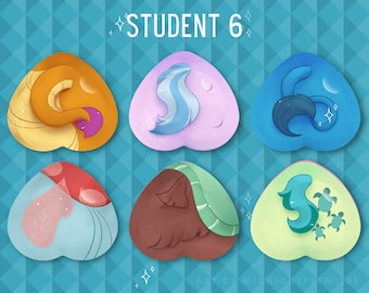 May include: Six heart-shaped illustrations with different colored backgrounds and designs. The designs include a tail, a wave, a turtle, a fish, a paw, and a mermaid tail. The text "STUDENT 6" is at the top of the image.