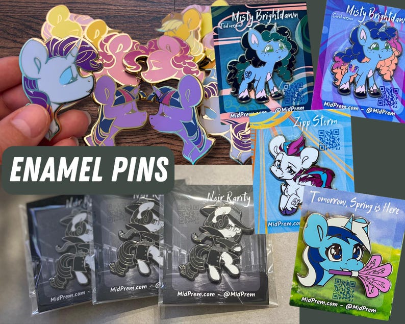 May include: A collection of enamel pins featuring various cartoon characters. The pins are colorful and feature a variety of designs, including a unicorn, a pegasus, a dragon, and a cat. The pins are all in a clear plastic bag and are ready to be shipped.