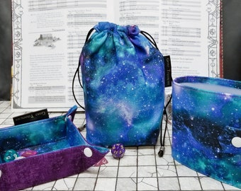 Blue Nebula Dice bag bundle - DnD Dice bag, Dice tray, Spell book - RPG Accessories - Nerdy Gifts