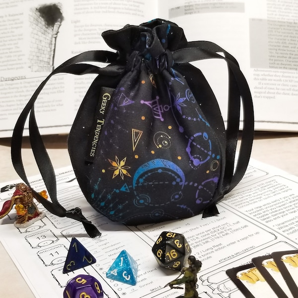 Small DnD Dice Bag, Blue and Purple Celestial Print, holds up to 14 sets of dice, oracle dice bag, RPG accessories, nerdy gifts