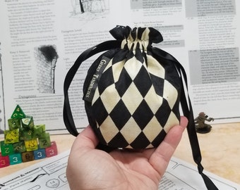 Harlequin diamond check drawstring bag, Small rpg dice bag, vampire the masquerade, RPG accessories, Gothic style, geeky gift for her