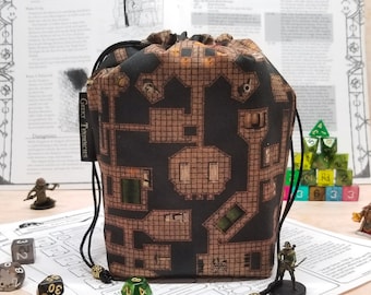 Large dice bag with pockets - DnD Accessories - Geeky Gifts - Dungeon Map Print