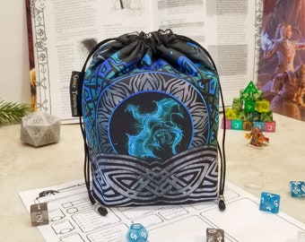 DnD Dice Bag - Large 5 pocket dice bag - DnD Accessories - Nerdy Gift - Blue Dragon Print