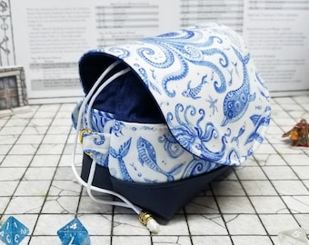 Flap top dice pouch with pockets, RPG or dnd dice bag, tabletop gaming accessory, gift for girl gamer, Porcelain Mermaids Print