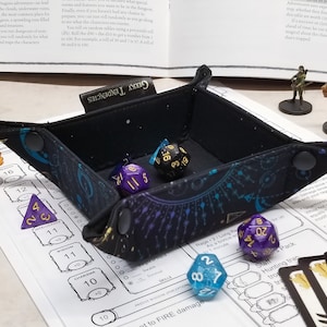 Celestial print small dice tray, moon and stars theme, dnd dice tray, board game accessories, geeky gifts image 1