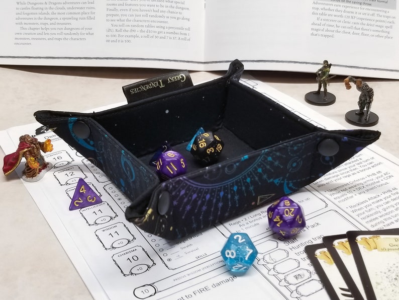 Celestial print small dice tray, moon and stars theme, dnd dice tray, board game accessories, geeky gifts image 1