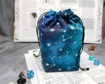 Constellations Dice Bag with Pockets -  handmade tabletop gaming bag - RPG accessories - dnd gifts, nerdy gift for gamers - space print