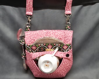 Pink Floral teacup holster, tea cup holder, crossbody or belt bag for renaissance fair, or steampunk cosplay