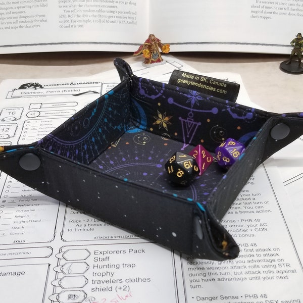 Celestial print small dice tray, fancy print on the inside, dnd dice tray, board game accessories, geeky gifts