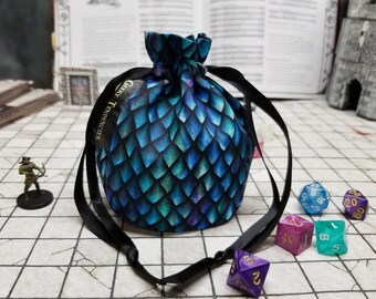 Small Blue Dragon scale DnD Dice Bag, holds up to 14 sets of dice, RPG gifts, tabletop gaming accessory