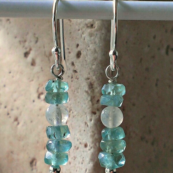 925 Sterling Silver Aqua Blue Apatite & Rainbow Moonstone Earrings ~ Minimalist Earrings, Apatite Earrings, Gemstone Earrings