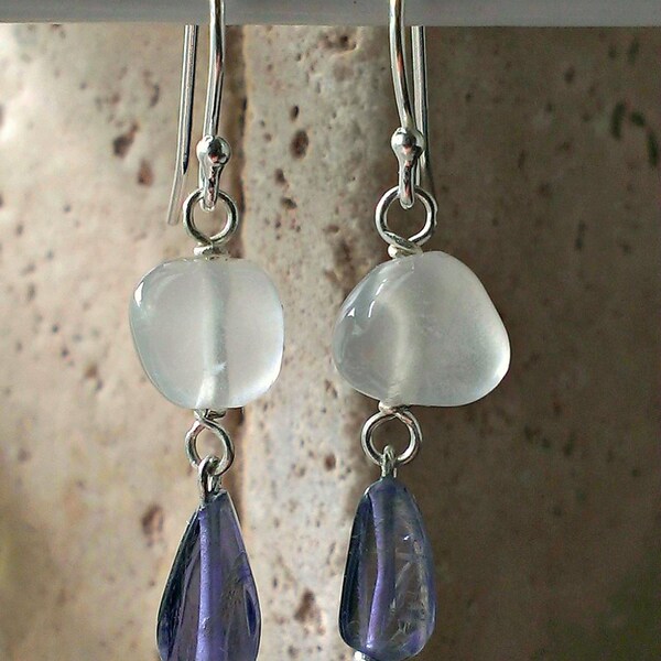 925 Sterling Silver Rainbow Moonstone Earrings w/ Water Sapphire Iolite Teardrops ~ Iolite Earrings, Gemstone Earrings, Sapphire Earrings