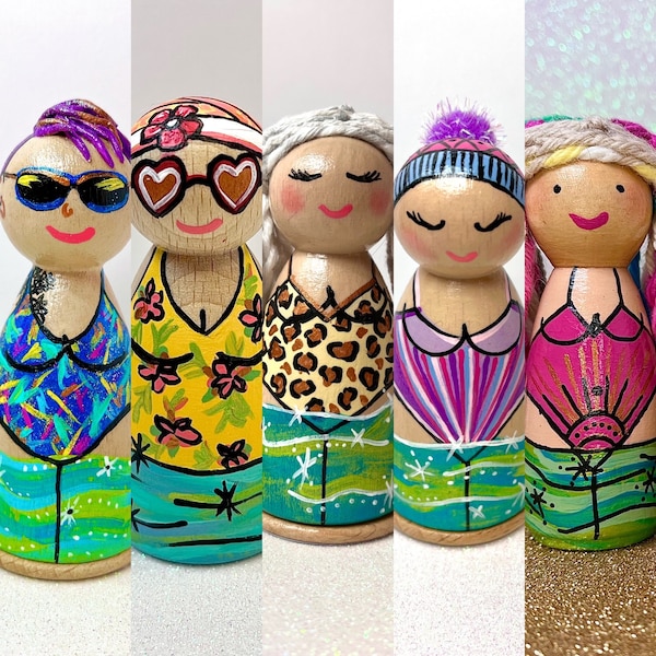 Order a customised Wild Swimmer Peg Doll ornament. cold water therapy. Gift for wild swimmers. Sea Swimming. Dryrobe. Free postage.