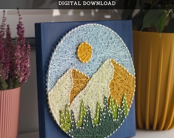 Mountain String Art Pattern – Round Landscape Template (Digital Download)