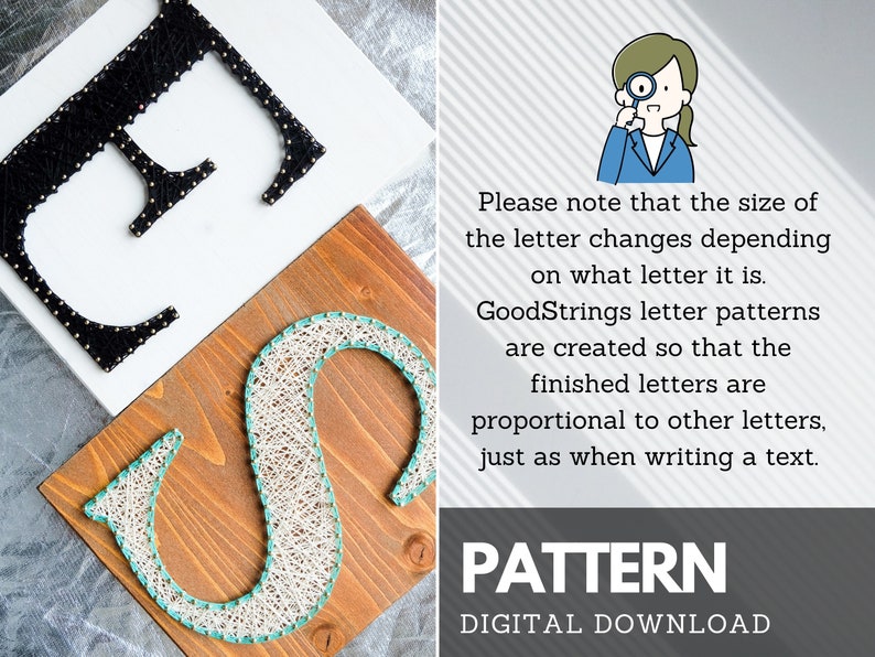 May include: A digital download pattern for string art, featuring the letters "E" and "S" in different styles. The "E" is black string on a white background, and the "S" is blue and white string on a wooden background. The text "PATTERN" and "DIGITAL DOWNLOAD" is also included.