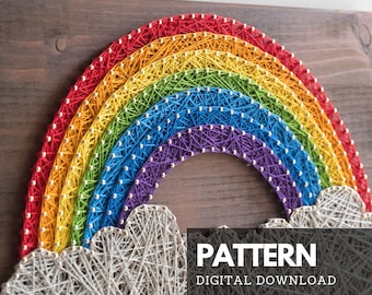 Rainbow string art pattern printable - Rainbow DIY string art template with step-by-step instructions - PDF printable guide