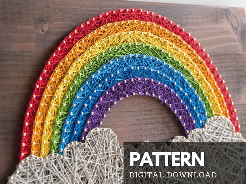 Rainbow string art pattern printable Rainbow DIY string art template with step-by-step instructions PDF printable guide image 1