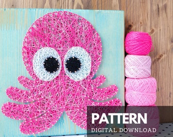 Small octopus string art pattern printable - Octopus DIY string art pattern with simple step-by-step instructions for beginners